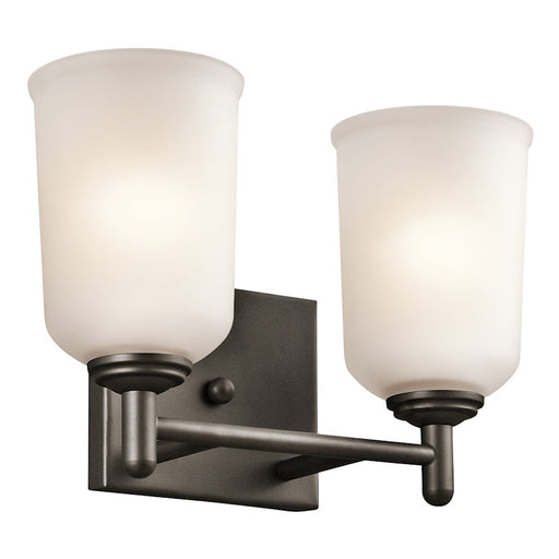 Kichler Shailene 12.5in 2-Light Bath Vanity | Transitional Olde Bronze Satin Etched Glass | Bathroom | 12.5 x 8.25 x 6 in | Model 45573OZ
