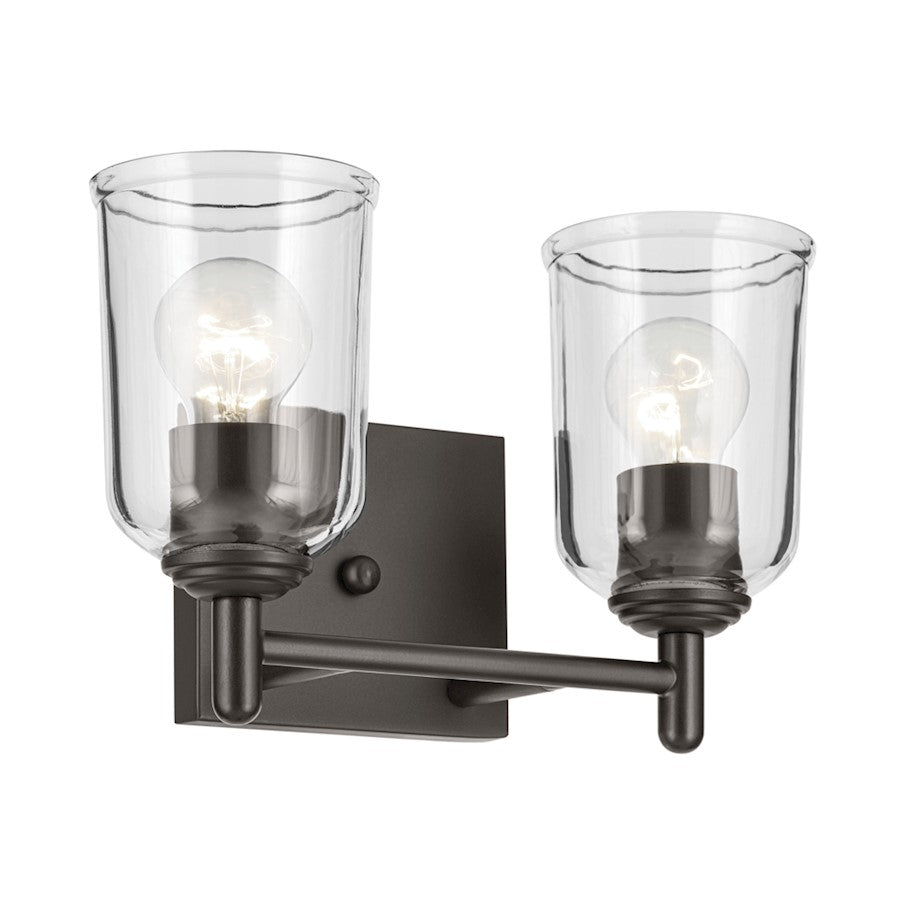 Kichler Shailene 2-Light Linear Vanity Light 12.5in Wide | Olde Bronze Steel & Clear Glass | Bathroom Damp Rated | 100W Incandescent | Model 45573OZCLR