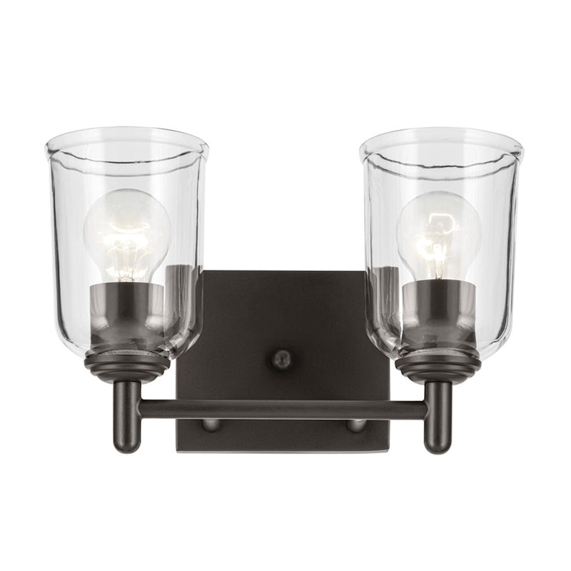 Kichler Shailene 2-Light Linear Vanity Light 12.5in Wide | Olde Bronze Steel & Clear Glass | Bathroom Damp Rated | 100W Incandescent | Model 45573OZCLR