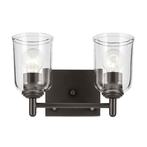 Kichler Shailene 2-Light Linear Vanity Light 12.5in Wide | Olde Bronze Steel & Clear Glass | Bathroom Damp Rated | 100W Incandescent | Model 45573OZCLR