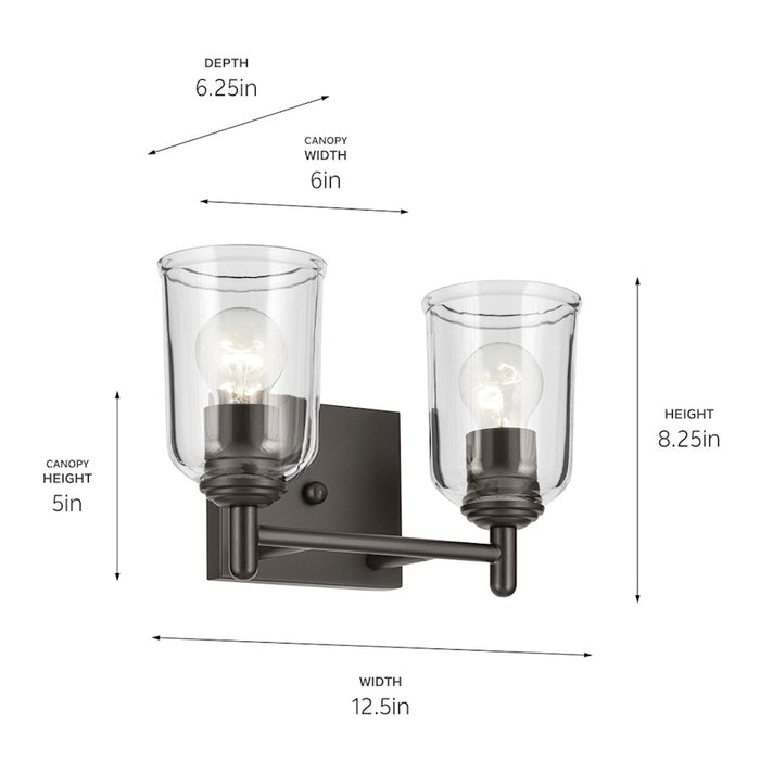 Kichler Shailene 2-Light Linear Vanity Light 12.5in Wide | Olde Bronze Steel & Clear Glass | Bathroom Damp Rated | 100W Incandescent | Model 45573OZCLR