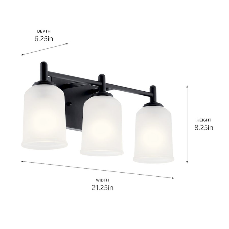 Kichler Shailene 21in 3-Light Vanity Light | Black Steel & Satin Etched Glass | Bathroom & Powder Room Fixture | 3x100W Incandescent, Damp | Model 45574BK