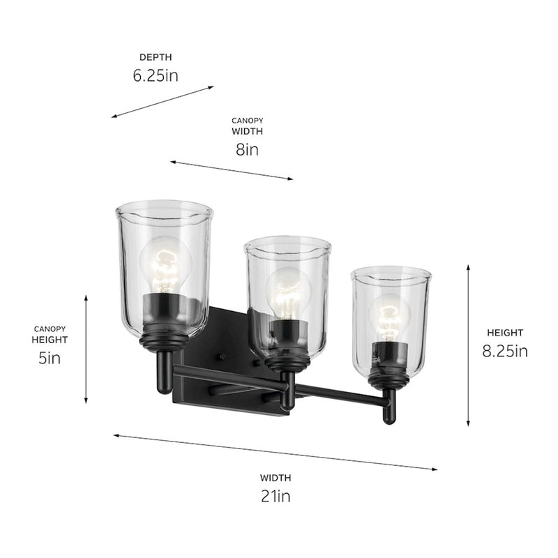 Kichler Shailene 3-Light 21in Linear Vanity Light | Traditional Black Steel & Clear Glass | Bathroom Vanity & Damp Location | 300W Max | Model 45574BKCLR