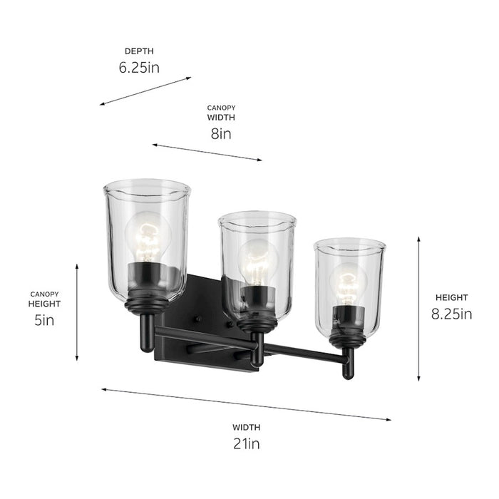 Kichler Shailene 3-Light 21in Linear Vanity Light | Traditional Black Steel & Clear Glass | Bathroom Vanity & Damp Location | 300W Max | Model 45574BKCLR