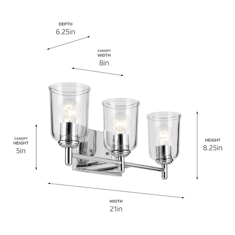 Kichler Shailene 21in Wide 3-Light Vanity Light | Traditional Chrome & Clear Glass | Bathroom Vanity Light | 300W Incandescent, E26 | Model 45574CHCLR