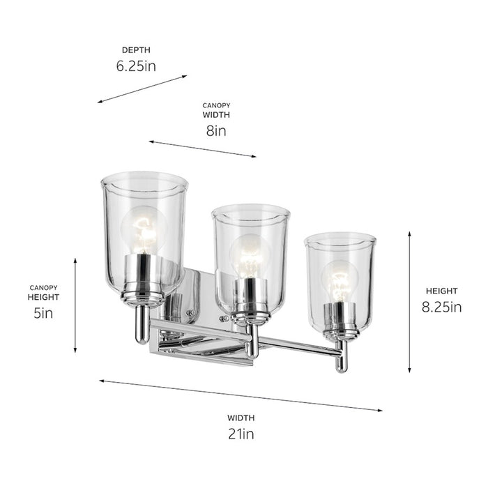 Kichler Shailene 21in Wide 3-Light Vanity Light | Traditional Chrome & Clear Glass | Bathroom Vanity Light | 300W Incandescent, E26 | Model 45574CHCLR