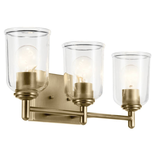 Kichler Shailene 21in 3-Light Linear Vanity Light | Traditional Natural Brass & Clear Glass | Bathroom Vanity Light | 3x100W Dimmable | Model 45574NBRCLR