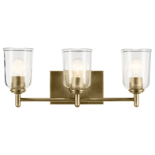 Kichler Shailene 21in 3-Light Linear Vanity Light | Traditional Natural Brass & Clear Glass | Bathroom Vanity Light | 3x100W Dimmable | Model 45574NBRCLR