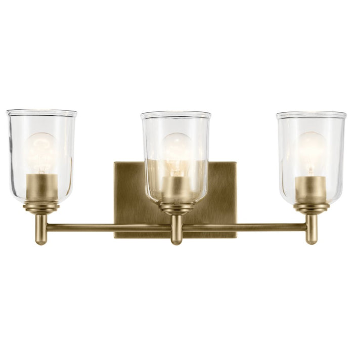 Kichler Shailene 21in 3-Light Linear Vanity Light | Traditional Natural Brass & Clear Glass | Bathroom Vanity Light | 3x100W Dimmable | Model 45574NBRCLR