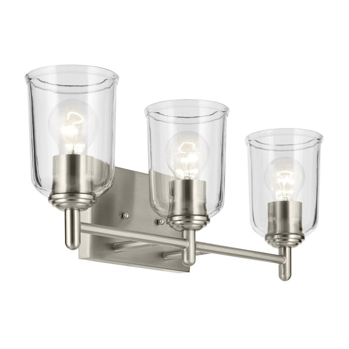 Kichler Shailene 3 Light Linear Vanity Light | Traditional Brushed Nickel & Clear Glass | Bathroom Vanity & Dressing Area Light | 100W | Model 45574NICLR