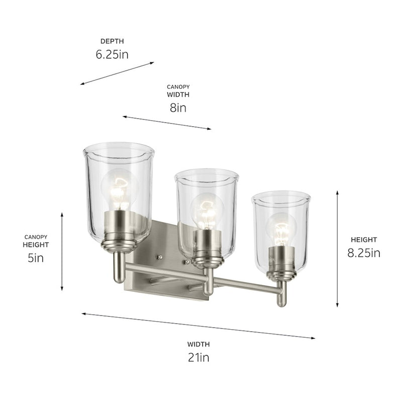 Kichler Shailene 3 Light Linear Vanity Light | Traditional Brushed Nickel & Clear Glass | Bathroom Vanity & Dressing Area Light | 100W | Model 45574NICLR