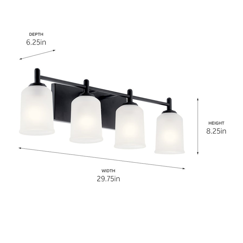 Kichler Shailene 29.5in 4-Light Vanity Light | Modern Black Steel & Satin Etched Glass | Bathroom Damp-Rated Vanity Light | 4x100W | Model 45575BK
