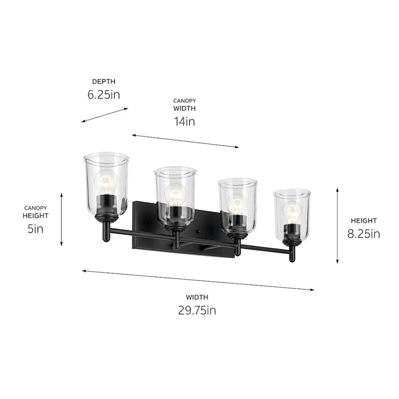 Kichler Shailene 30in 4-Light Linear Vanity Light | Traditional Black Steel & Clear Glass | Bathroom Above-Vanity Light | 100W x 4 | Model 45575BKCLR