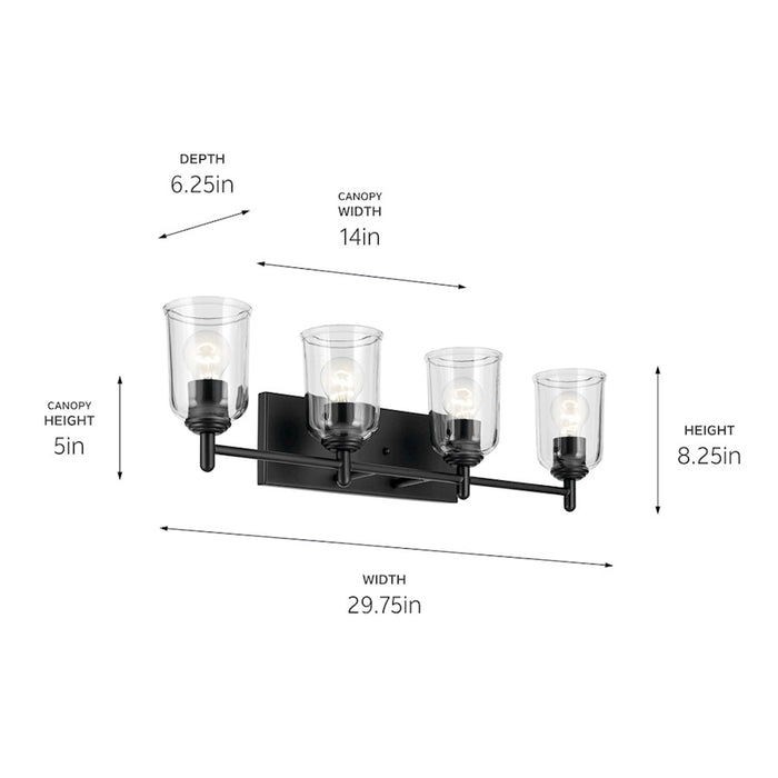 Kichler Shailene 30in 4-Light Linear Vanity Light | Traditional Black Steel & Clear Glass | Bathroom Above-Vanity Light | 100W x 4 | Model 45575BKCLR