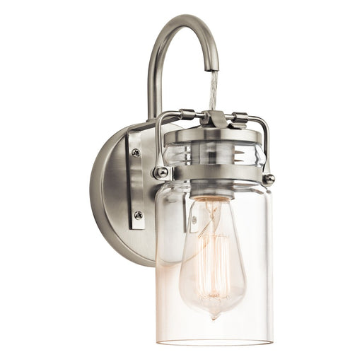 Kichler Brinley 5in 1-Light Wall Sconce | Rustic Brushed Nickel Steel and Clear Glass | Hallway & Living Room Accent | 5 x 6 x 12 in | Model 45576NI