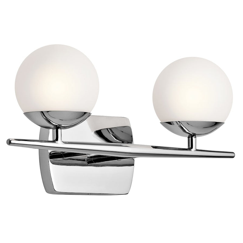 Kichler Jasper 16in 2-Light Bathroom Vanity Light | Mid-Century Chrome and Satin Etched Glass | Bathroom Vanity | 16 x 8 x 6 in | Model 45581CH