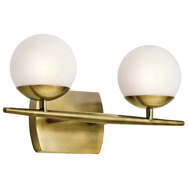 Kichler Jasper 16in 2-Light Vanity Light | Mid-Century Natural Brass and Satin Etched Opal Glass | Bathroom Vanity | 16 x 8 x 6 in | Model 45581NBR