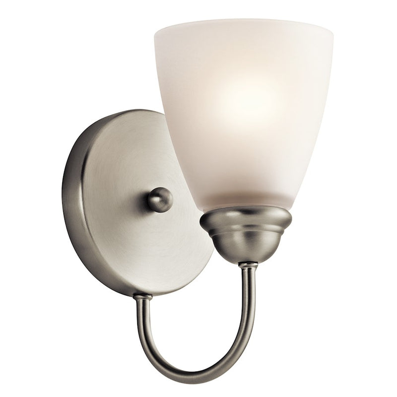 Kichler Jolie 9in 1-Light Wall Sconce | Transitional Brushed Nickel and Satin Etched Glass | Hallway & Bathroom Accent | 5 x 9 in | Model 45637NI