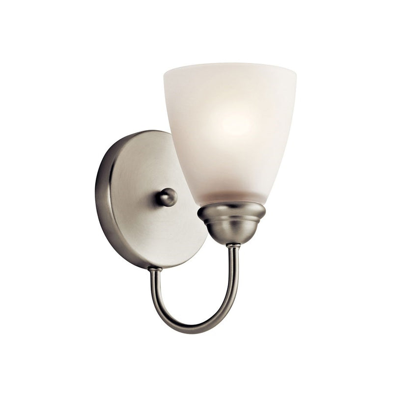 Kichler Jolie 5in 1-Light LED Wall Sconce | Transitional Brushed Nickel and Satin Etched Glass | Hallway & Bathroom Accent | Model 45637NIL18