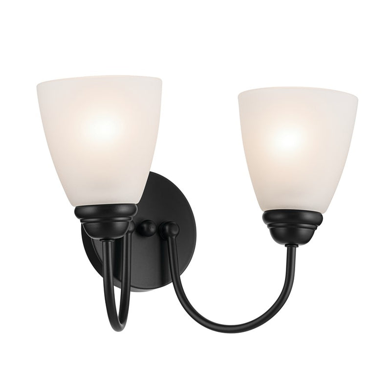 Kichler Jolie 13in 2-Light Vanity Light | Traditional Black Steel & Clear Satin Etched Glass | Bathroom Vanity & Powder Room Lighting | Model 45638BK