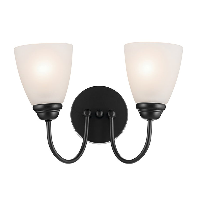 Kichler Jolie 13in 2-Light Vanity Light | Traditional Black Steel & Clear Satin Etched Glass | Bathroom Vanity & Powder Room Lighting | Model 45638BK
