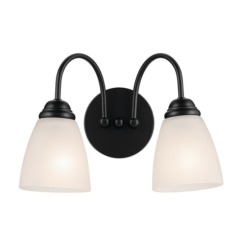 Kichler Jolie 13in 2-Light Vanity Light | Traditional Black Steel & Clear Satin Etched Glass | Bathroom Vanity & Powder Room Lighting | Model 45638BK