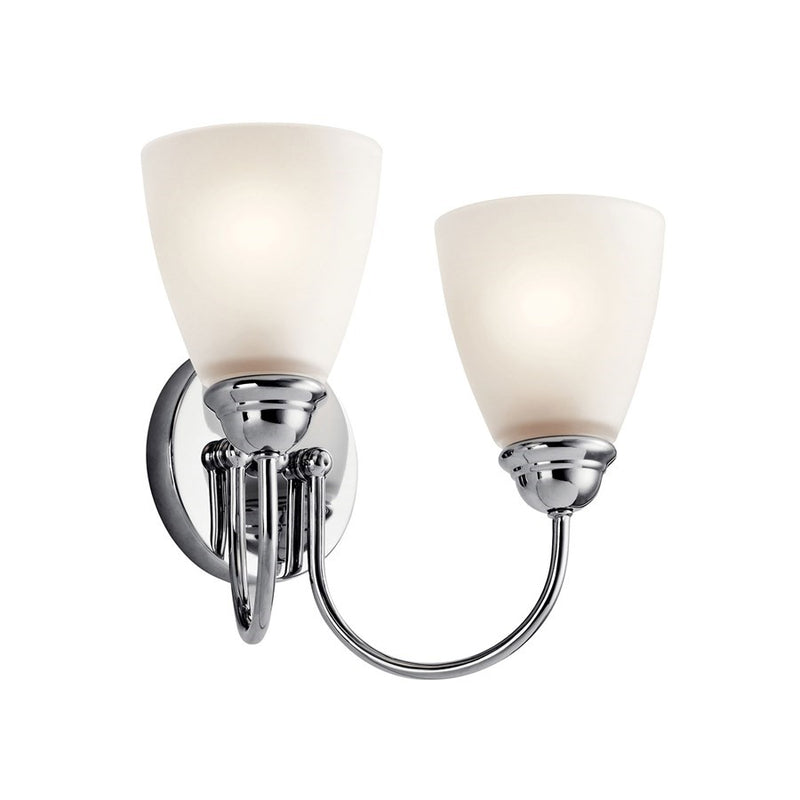 Kichler Jolie 13in 2-Light LED Bath Vanity | Transitional Chrome and Satin Etched Glass | Bathroom Vanity Light | 13 x 9.25 in | Model 45638CHL18