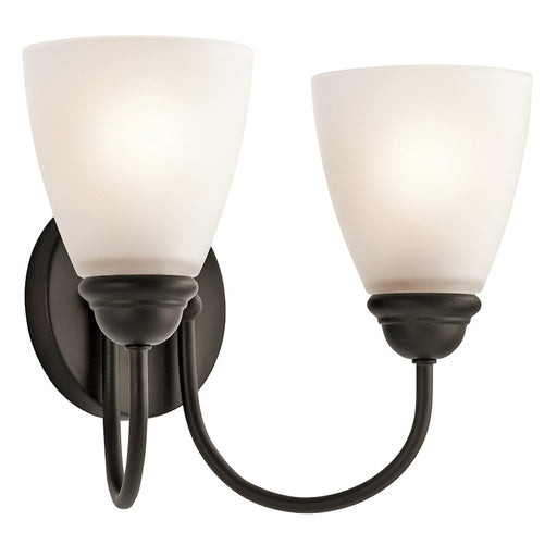 Kichler Jolie 13in 2-Light Bath Vanity Light | Olde Bronze and Satin Etched Glass | Bathroom Vanity | 13 x 9.25 x 8 in | Model 45638OZ