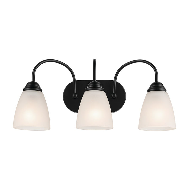Kichler Jolie 20.5in 3 Light Bath Vanity Light | Traditional Black Steel & Satin Etched Opal Glass | Bathroom & Hallway Lighting | Model 45639BK
