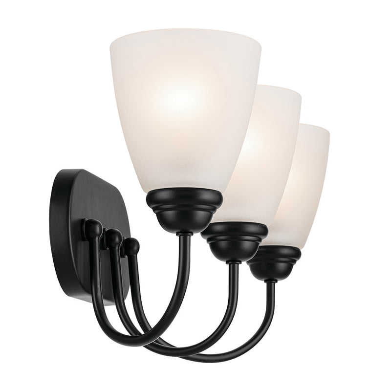 Kichler Jolie 20.5in 3 Light Bath Vanity Light | Traditional Black Steel & Satin Etched Opal Glass | Bathroom & Hallway Lighting | Model 45639BK