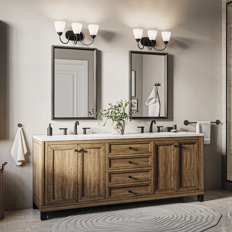 Kichler Jolie 20.5in 3 Light Bath Vanity Light | Traditional Black Steel & Satin Etched Opal Glass | Bathroom & Hallway Lighting | Model 45639BK