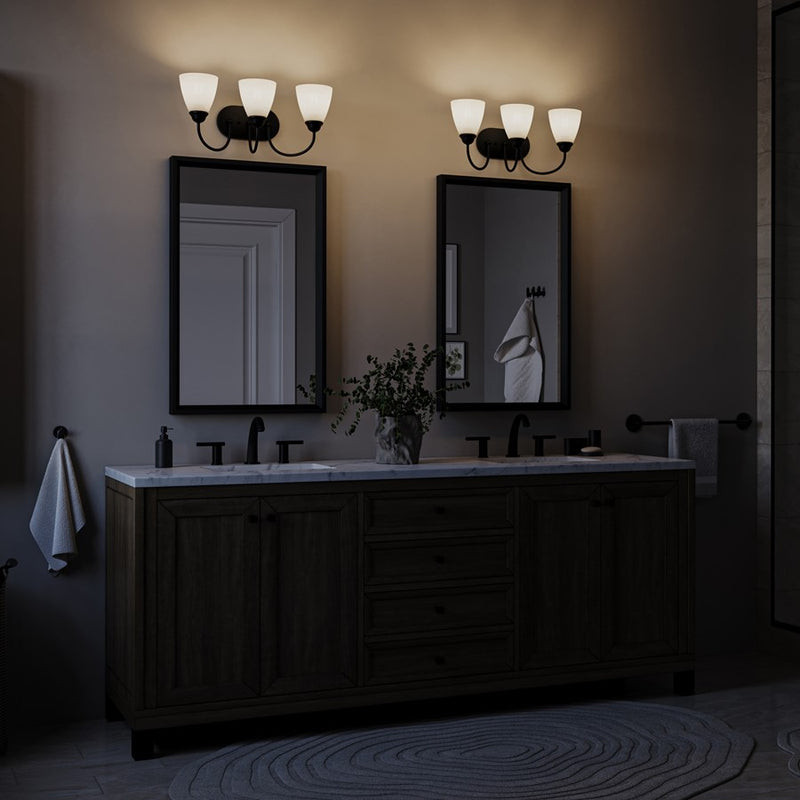 Kichler Jolie 20.5in 3 Light Bath Vanity Light | Traditional Black Steel & Satin Etched Opal Glass | Bathroom & Hallway Lighting | Model 45639BK