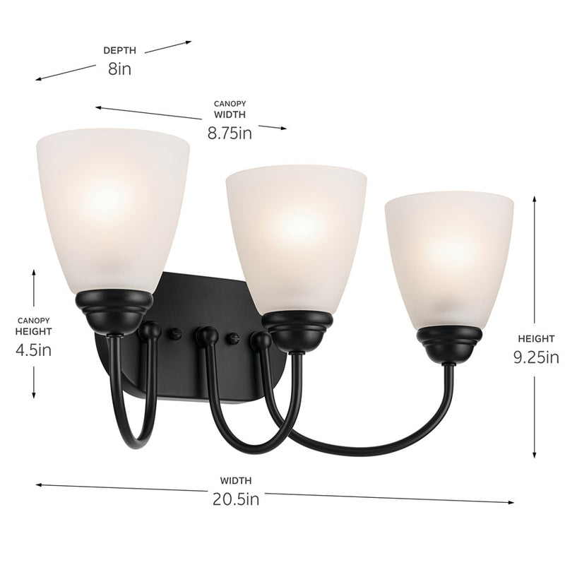Kichler Jolie 20.5in 3 Light Bath Vanity Light | Traditional Black Steel & Satin Etched Opal Glass | Bathroom & Hallway Lighting | Model 45639BK