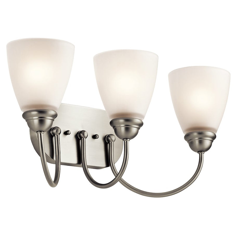 Kichler Jolie 20in 3-Light Bath Vanity Light | Transitional Brushed Nickel and Satin Etched Glass | Bathroom Vanity | 20 x 9 x 8 in | Model 45639NI