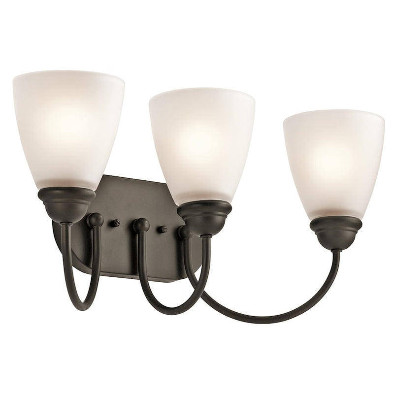 Kichler Jolie 20in 3-Light Bath Vanity Light | Transitional Olde Bronze and Satin Etched Glass | Bathroom Vanity | 20 x 9 in | Model 45639OZ