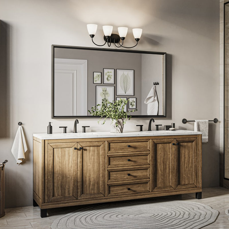 Kichler Jolie 28in 4-Light Bath Vanity | Traditional Black Steel & Satin Etched Opal Glass | Bathroom & Bedroom Vanity Light | 4 Bulbs | Model 45640BK