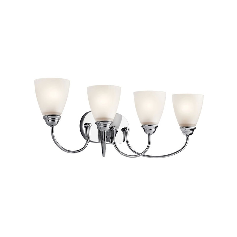 Kichler Jolie 28in 4-Light LED Bath Vanity Light | Transitional Chrome and Satin Etched Glass | Bathroom Vanity | 28 x 9 in | Model 45640CHL18