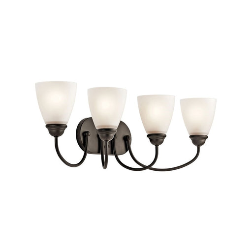 Kichler Jolie 28in 4-Light LED Vanity Light | Transitional Olde Bronze and Satin Etched Glass | Bathroom & Hallway | 28 x 9 in | Model 45640OZL18
