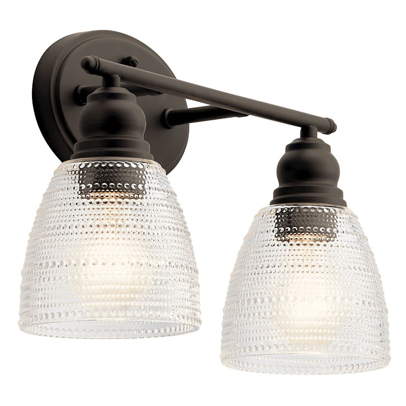 Kichler Karmarie 15in 2-Light Bath Vanity Light | Olde Bronze Steel and Hobnail Glass | Bathroom Vanity | 15 x 10 in | Model 45696OZ