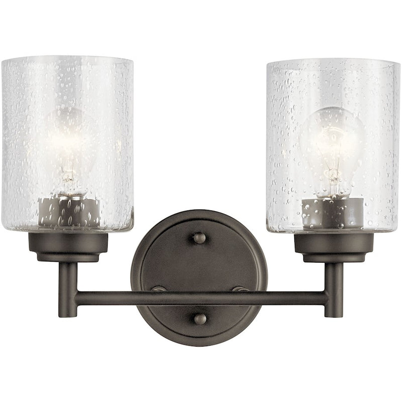 Kichler Winslow 13in 2-Light Vanity Light | Industrial Natural Brass and Clear Seeded Glass | Bathroom Vanity | 13 x 9.25 in | Model 45885NBR