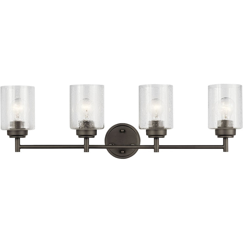 Kichler Winslow 30in 4-Light Bathroom Vanity Light | Industrial Natural Brass and Clear Seeded Glass | Bathroom Vanity | Model 45887NBR