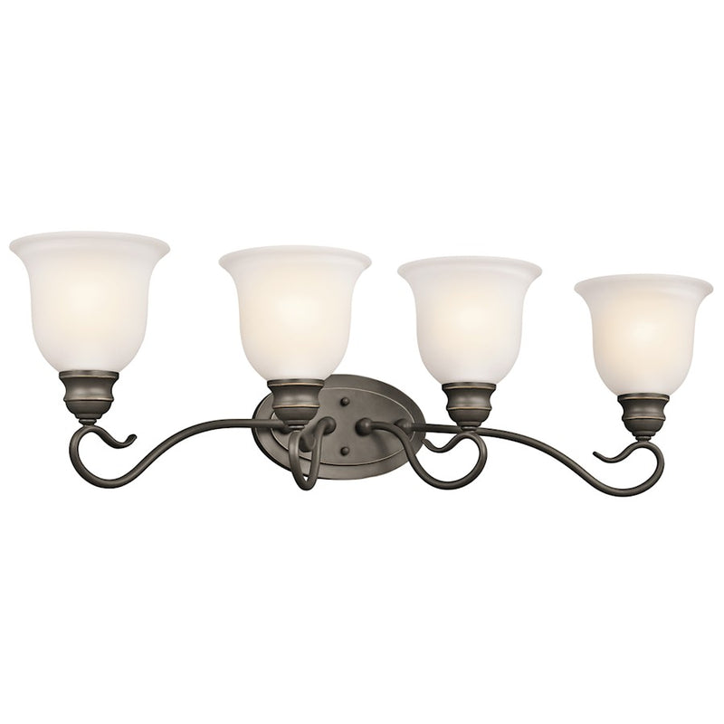 Kichler Tanglewood 30in 4-Light Bath Vanity Light | Transitional Olde Bronze and Satin Etched Glass | Bathroom Vanity & Hallway | Model 45904OZ