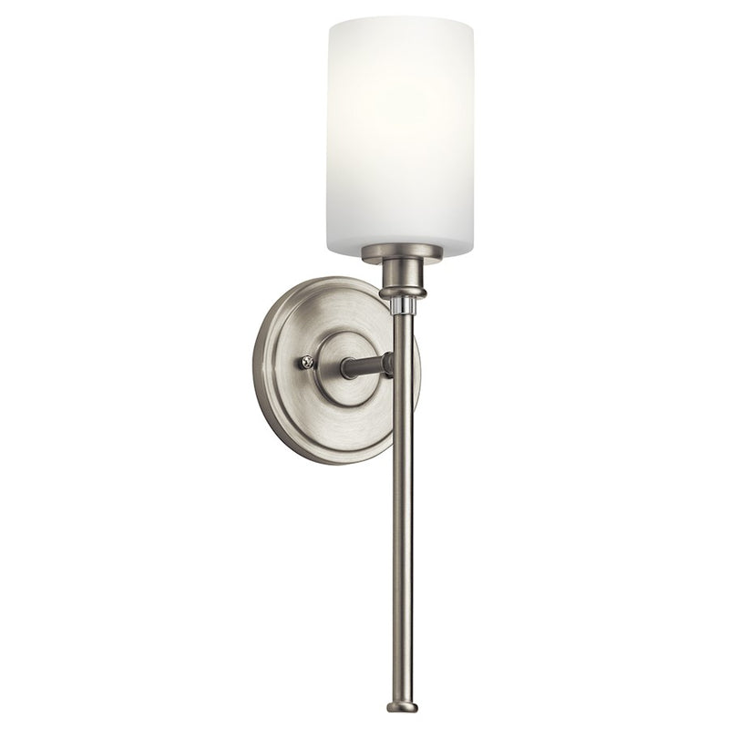 Kichler Joelson 5in 1-Light Wall Sconce | Transitional Brushed Nickel and Satin Etched Opal Glass | Hallway & Bathroom | 5 x 18 in | Model 45921NI