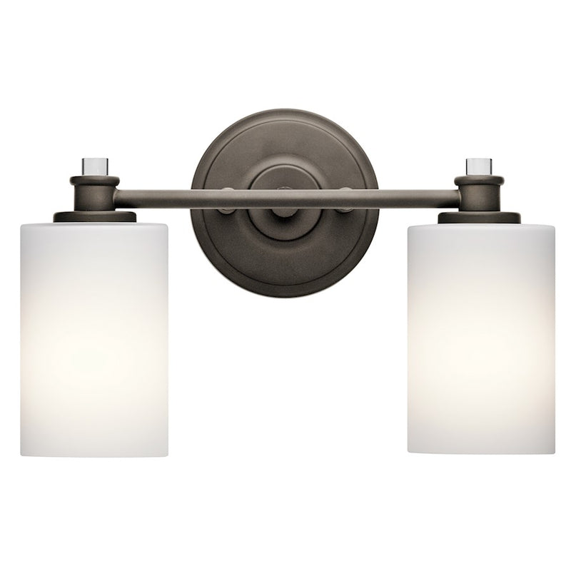Kichler Joelson 14in 2-Light Vanity Light | Transitional Olde Bronze and Satin Etched Cased Opal Glass | Bathroom Vanity & Powder | Model 45922OZ