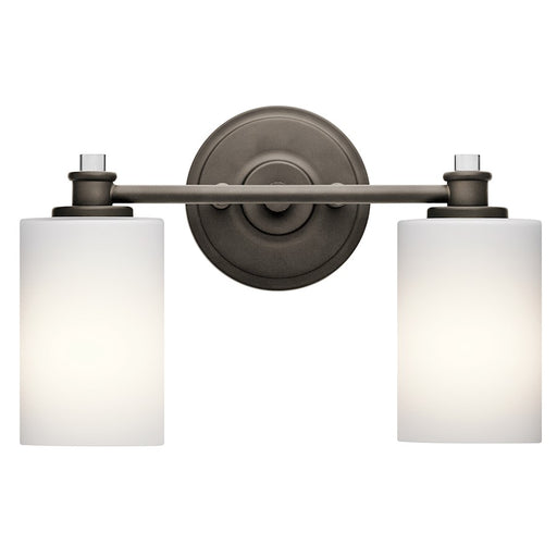 Kichler Joelson 14in 2-Light Vanity Light | Transitional Olde Bronze and Satin Etched Cased Opal Glass | Bathroom Vanity & Powder | Model 45922OZ