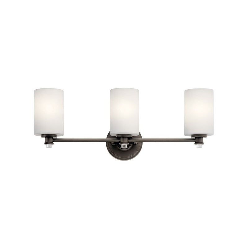 Kichler Joelson 24in 3-Light Vanity Light | Transitional Olde Bronze and Satin Etched Cased Opal Glass | Bathroom Vanity | Model 45923OZL18