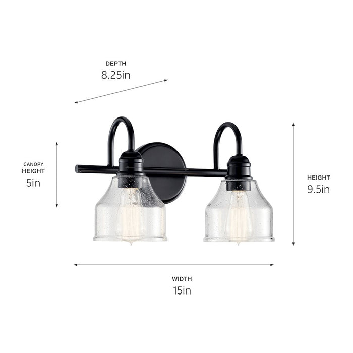 Kichler Avery 15in 2-Light Vanity Light | Industrial Black Steel & Clear Seeded Glass | Bathroom Vanity Light | 75W Each, E26, Dimmable | Model 45972BK