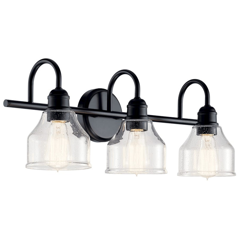 Kichler Avery 24in 3-Light Vanity Light | Industrial Black Steel and Clear Seeded Glass | Bathroom Vanity | 24 x 10 in | Model 45973BK