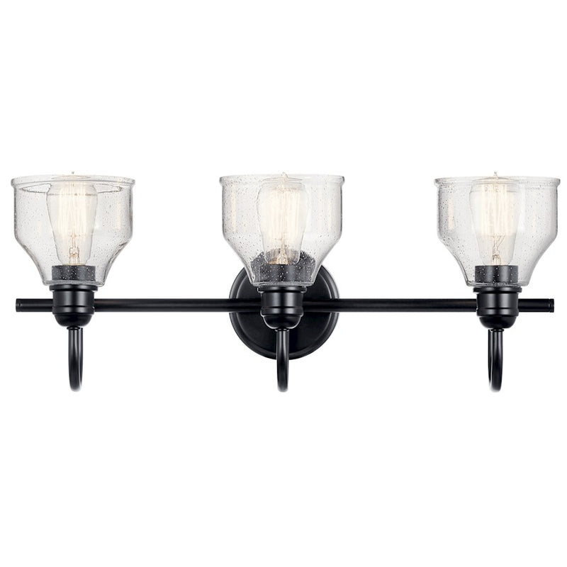 Kichler Avery 24in 3-Light Vanity Light | Industrial Black Steel and Clear Seeded Glass | Bathroom Vanity | 24 x 10 in | Model 45973BK