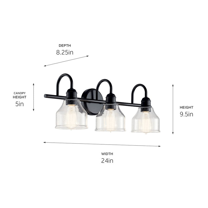 Kichler Avery 24in 3-Light Vanity Light | Industrial Black Steel and Clear Seeded Glass | Bathroom Vanity | 24 x 10 in | Model 45973BK